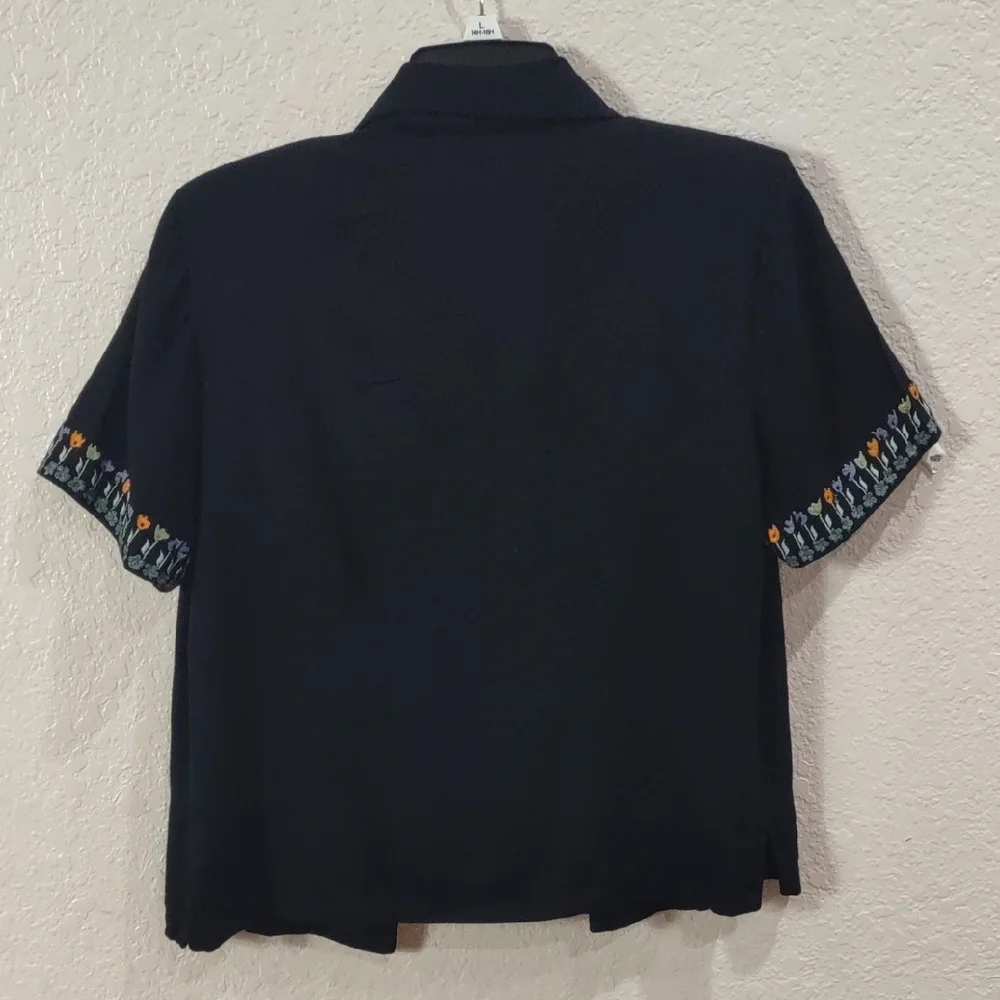 Sarah Elizabeth Black Short Sleeve Shirt with Embroidered Sleeves - Picture 9 of 17